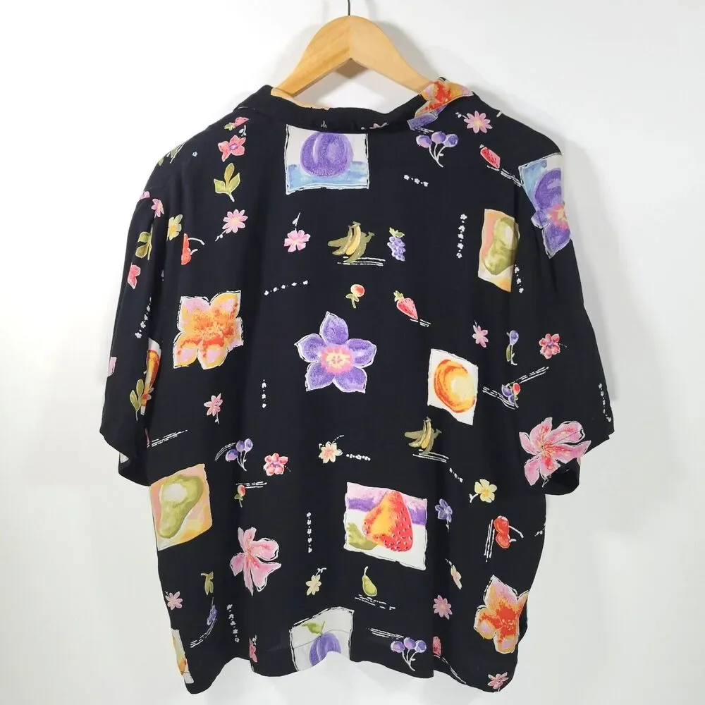 CAROL ANDERSON Fruit and Floral Print Cropped Button Up Size XL Rayon Black - Picture 3 of 6